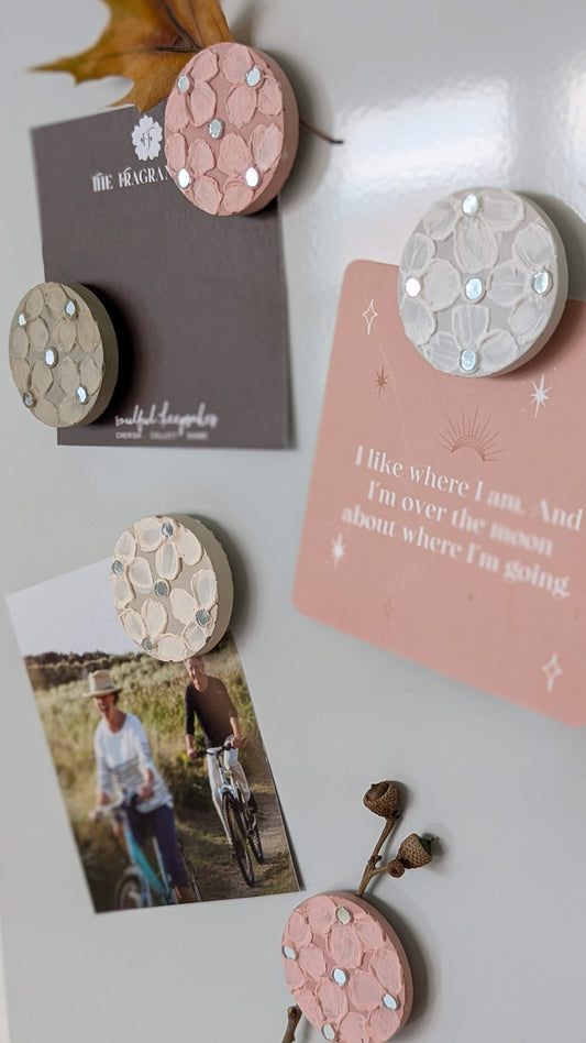 “Handcrafted Concrete Fridge Magnets – Floral Textured Art with Mirror Inlay | The Fragrant Jar Collectibles”