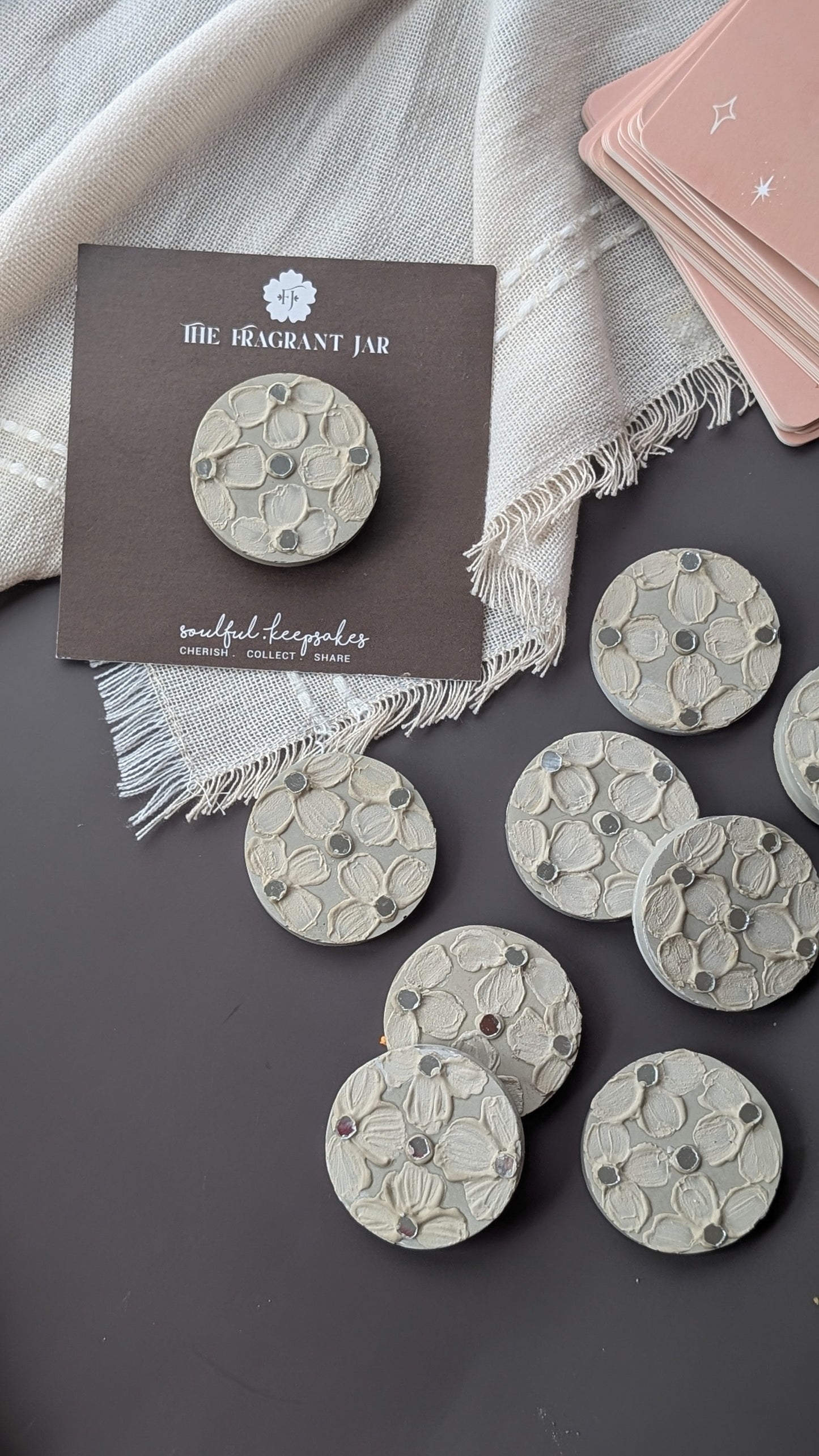 “Handcrafted Concrete Fridge Magnets – Floral Textured Art with Mirror Inlay | The Fragrant Jar Collectibles”