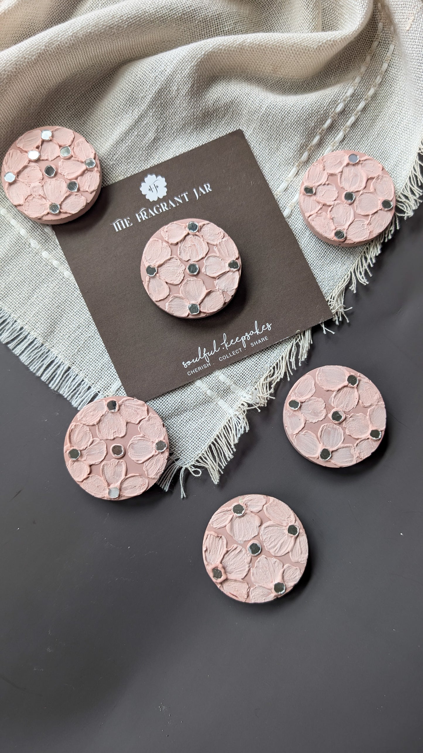 “Handcrafted Concrete Fridge Magnets – Floral Textured Art with Mirror Inlay | The Fragrant Jar Collectibles”