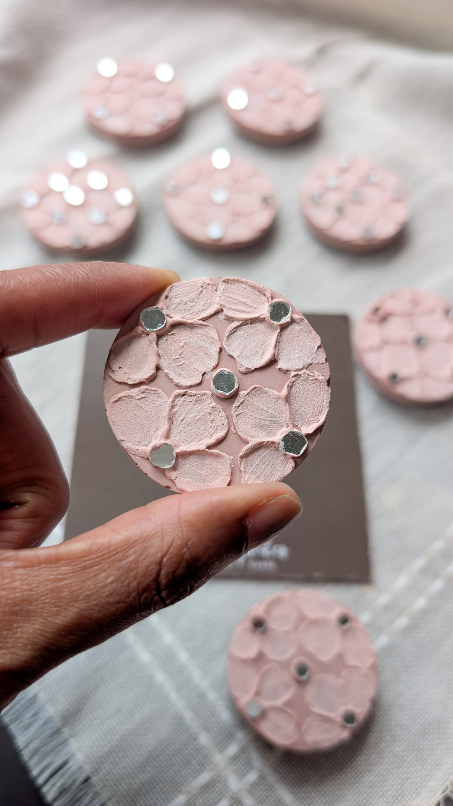 “Handcrafted Concrete Fridge Magnets – Floral Textured Art with Mirror Inlay | The Fragrant Jar Collectibles”