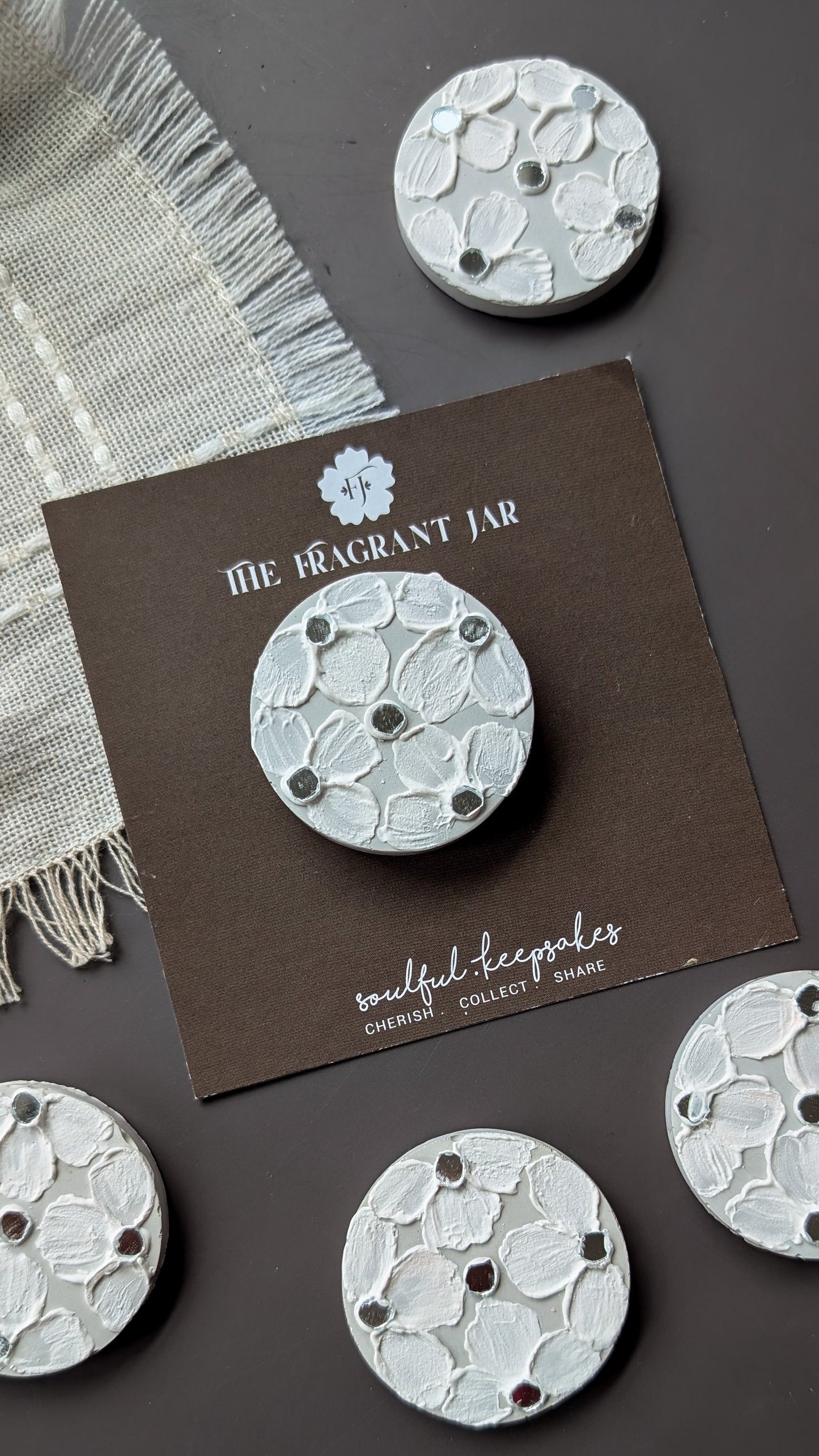 “Handcrafted Concrete Fridge Magnets – Floral Textured Art with Mirror Inlay | The Fragrant Jar Collectibles”