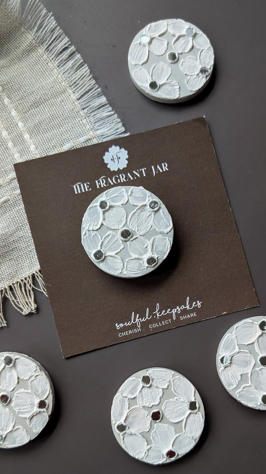 “Handcrafted Concrete Fridge Magnets – Floral Textured Art with Mirror Inlay | The Fragrant Jar Collectibles”