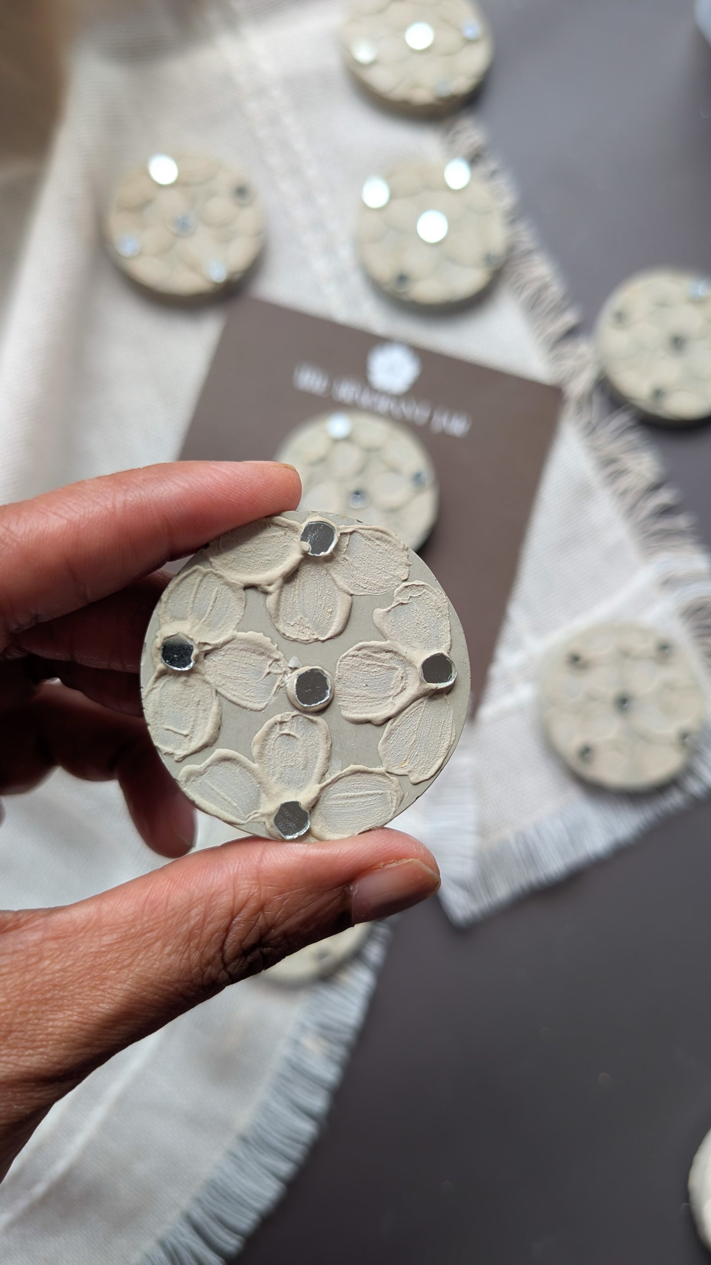 “Handcrafted Concrete Fridge Magnets – Floral Textured Art with Mirror Inlay | The Fragrant Jar Collectibles”