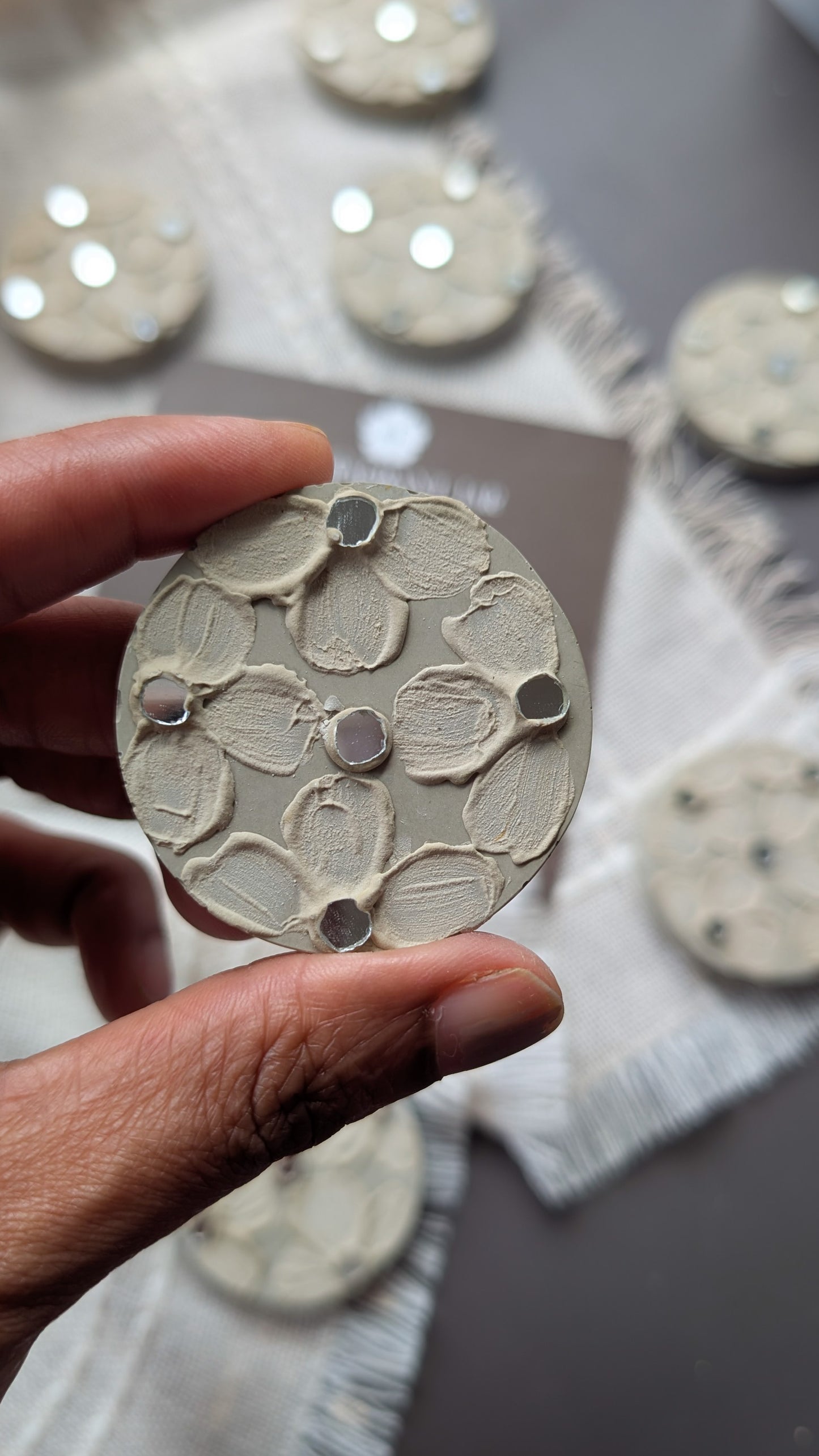 “Handcrafted Concrete Fridge Magnets – Floral Textured Art with Mirror Inlay | The Fragrant Jar Collectibles”