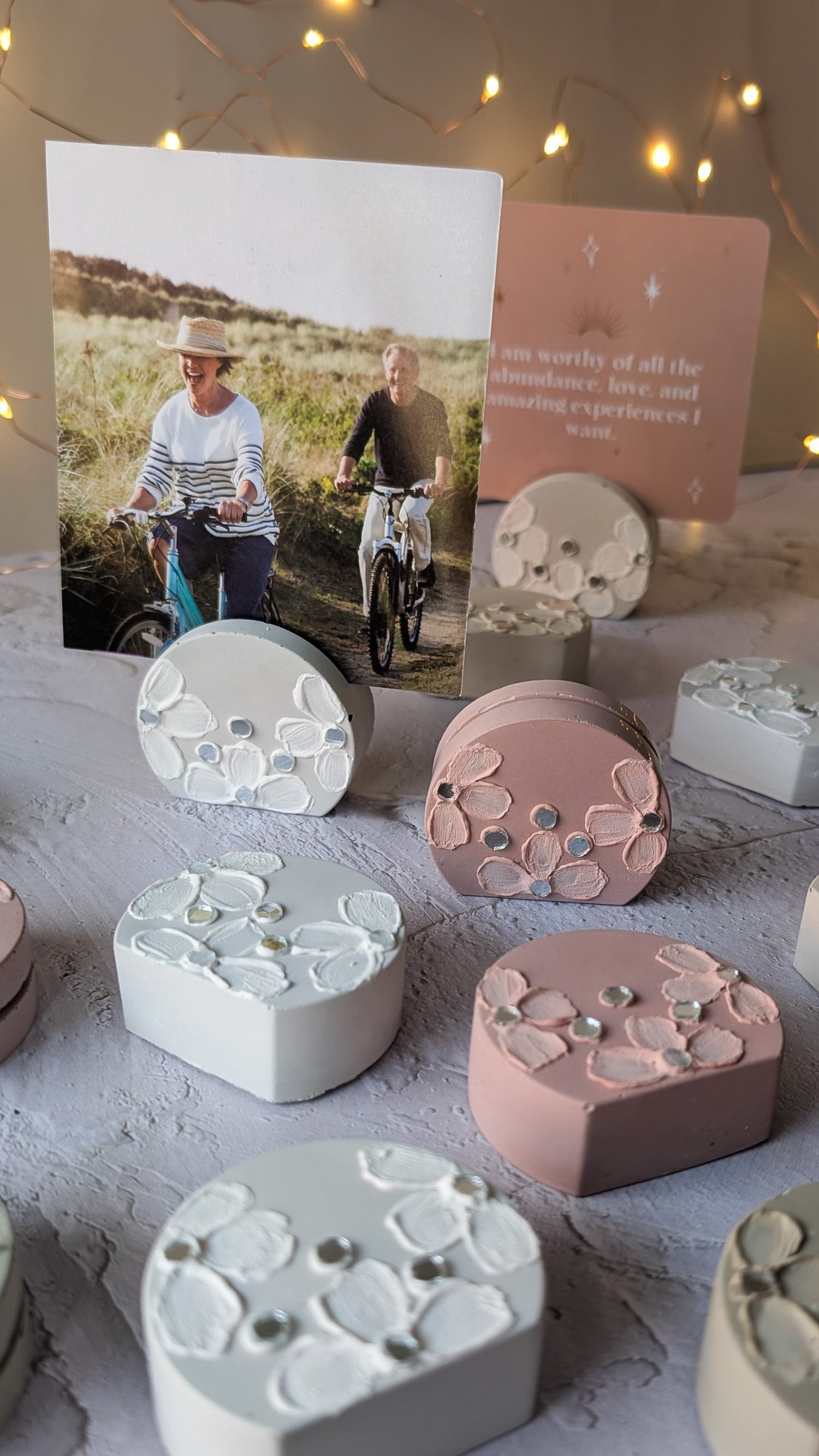 “Handmade photo holder with textured art and mirror inlay, modern minimalist home décor accessory for displaying photos or keepsakes, artisanal collectible from The Fragrant Jar.”