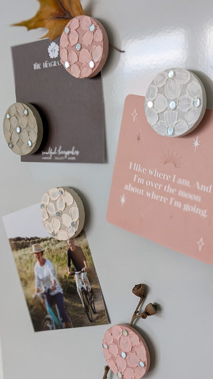 “Handcrafted Concrete Fridge Magnets – Floral Textured Art with Mirror Inlay | The Fragrant Jar Collectibles”