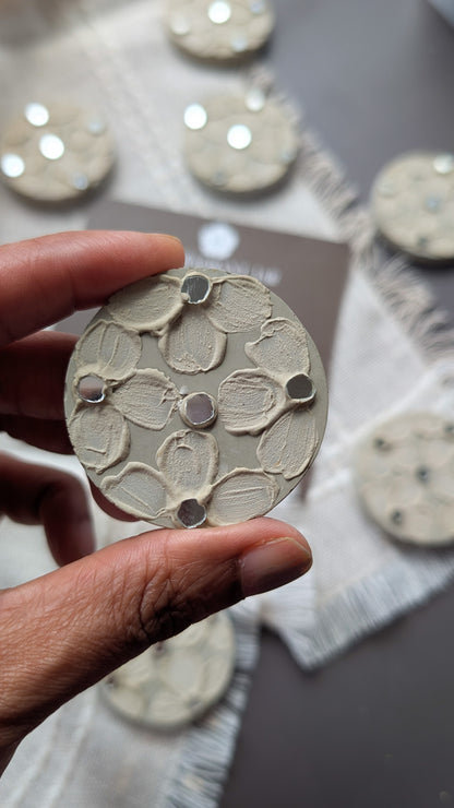“Handcrafted Concrete Fridge Magnets – Floral Textured Art with Mirror Inlay | The Fragrant Jar Collectibles”
